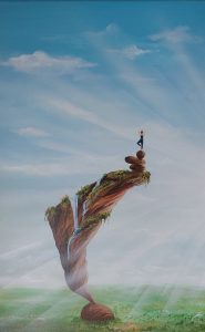 eine Frau bringt durch eine Yoga Übung einen Fels in Balance